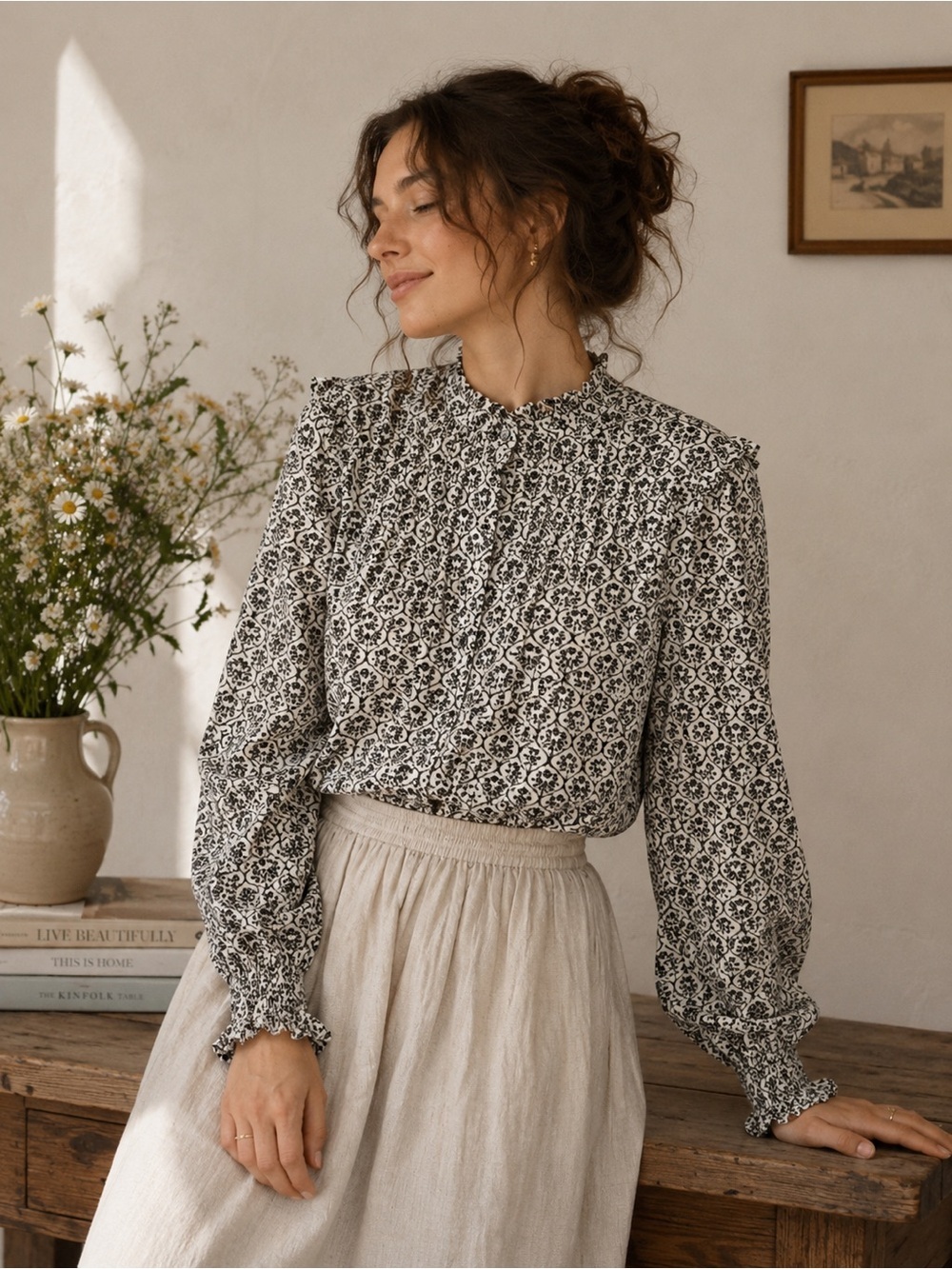 Floral High Neck Blouse Cottagecore Prairie Romantic Size S French Girl Elegant